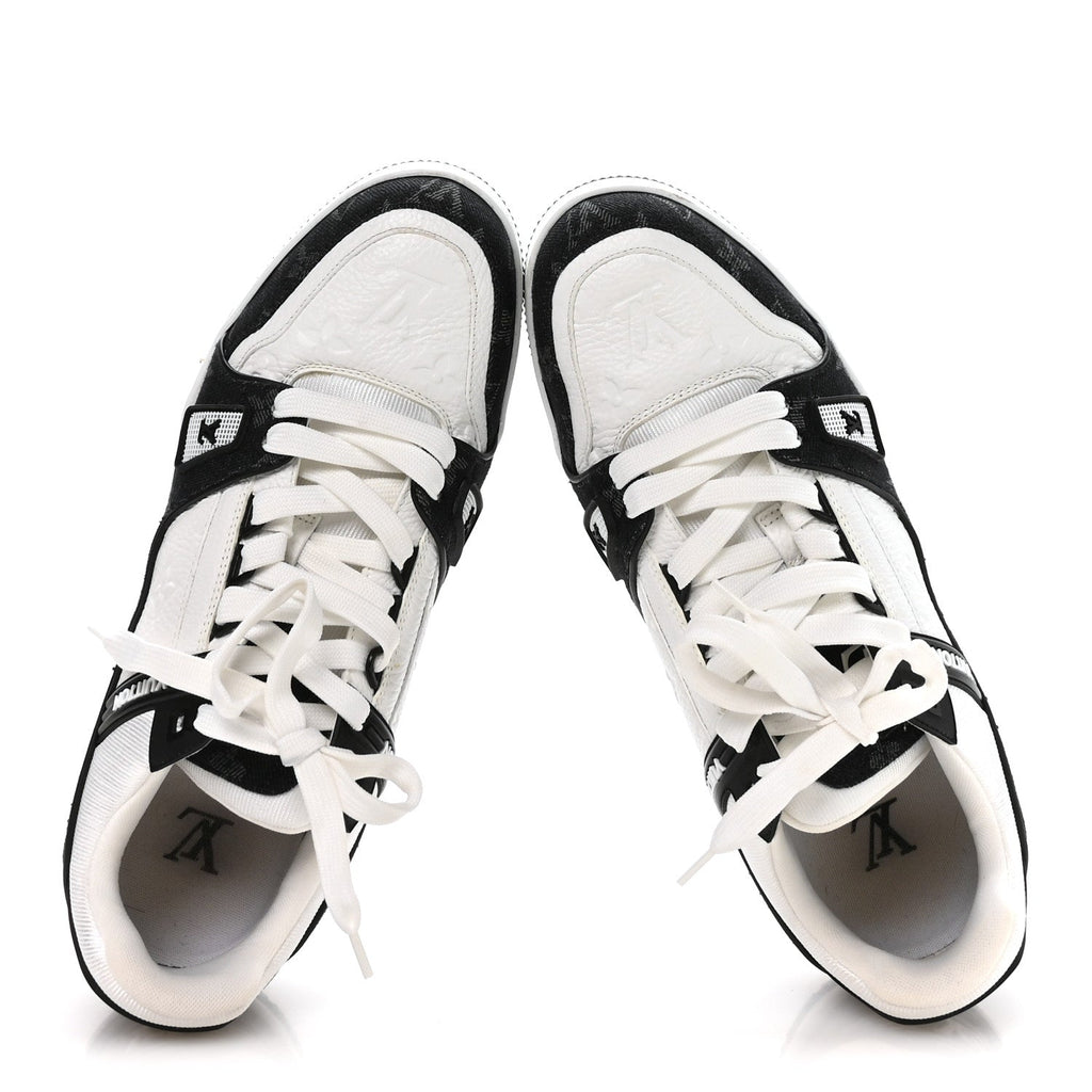 Louis Vuitton Calfskin Embossed Monogram Denim Mens LV Trainer Sneakers 9 Black