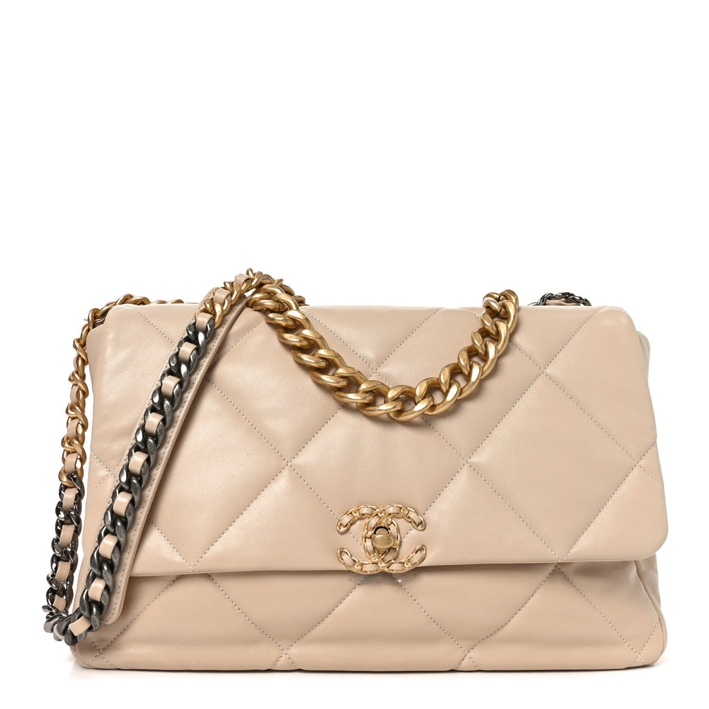 Chanel Lambskin Quilted Maxi Chanel 19 Flap Beige