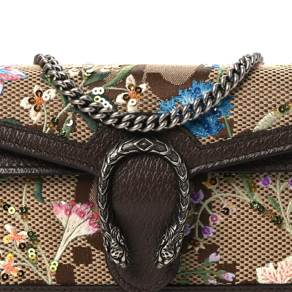 Gucci Monogram Jumbo GG Textured Dollar Calfskin Embroidered Super Mini Dionysus Shoulder Bag Camel Ebony New Acero Multicolor