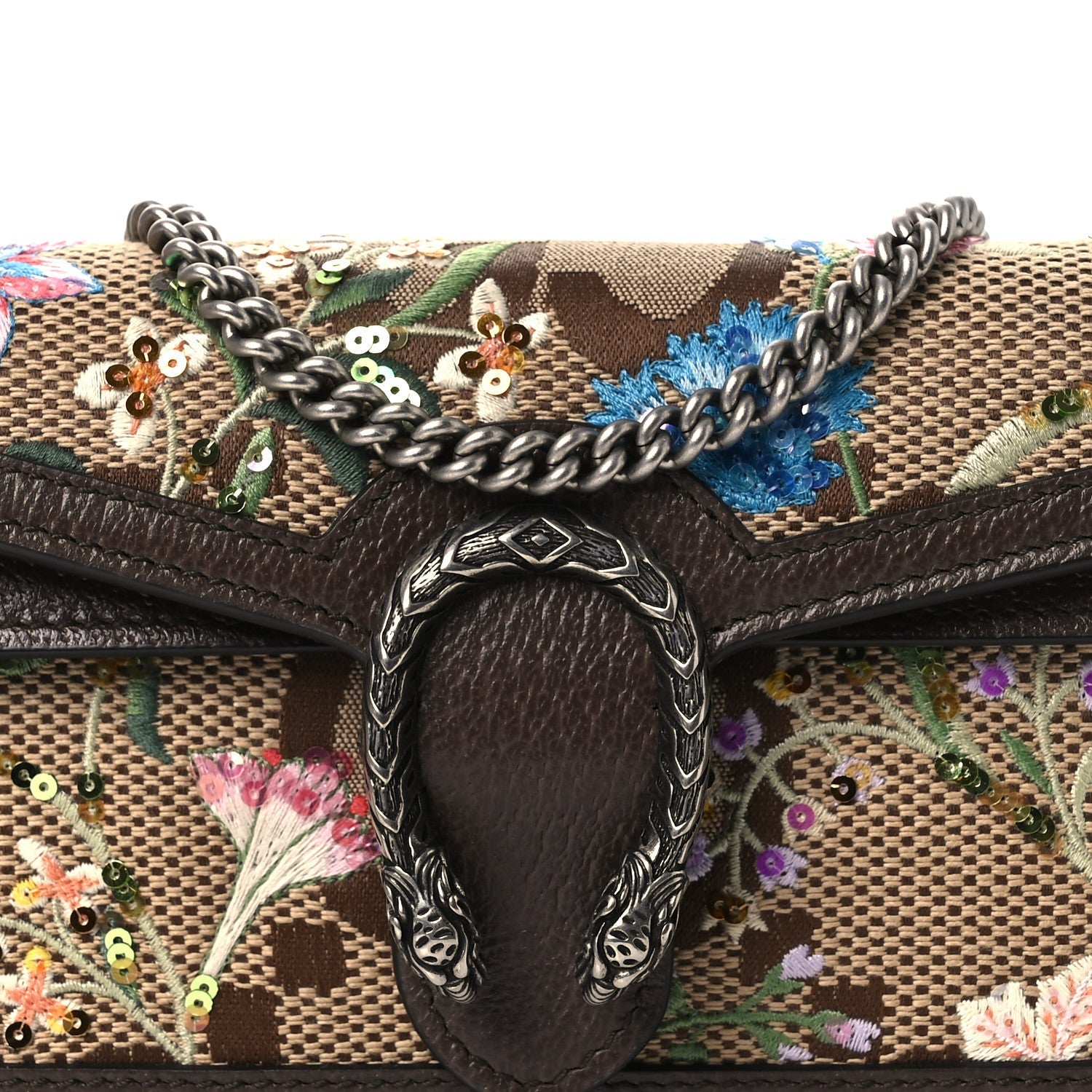 Gucci Monogram Jumbo GG Textured Dollar Calfskin Embroidered Super Mini Dionysus Shoulder Bag Camel Ebony New Acero Multicolor