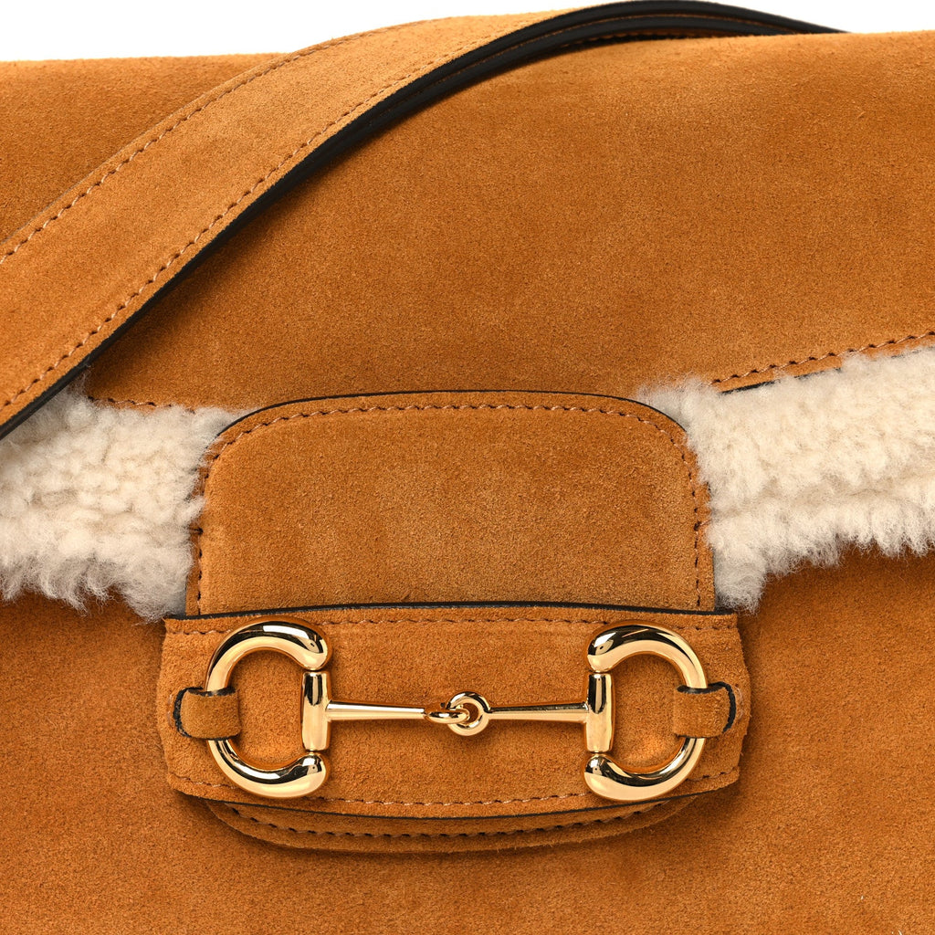 Gucci Suede Shearling Horsebit 1955 Shoulder Bag Brown