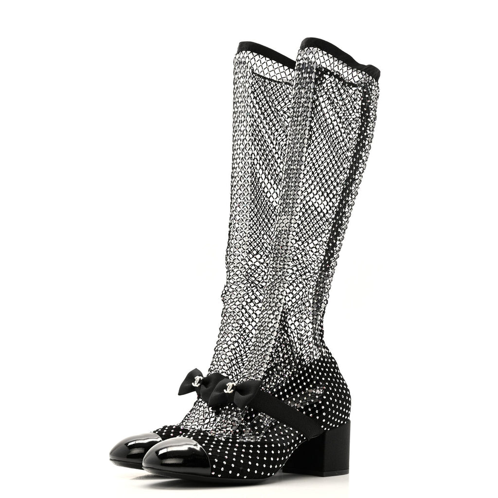 Mesh Crystal Patent CC Bow High Boots 38.5 Black