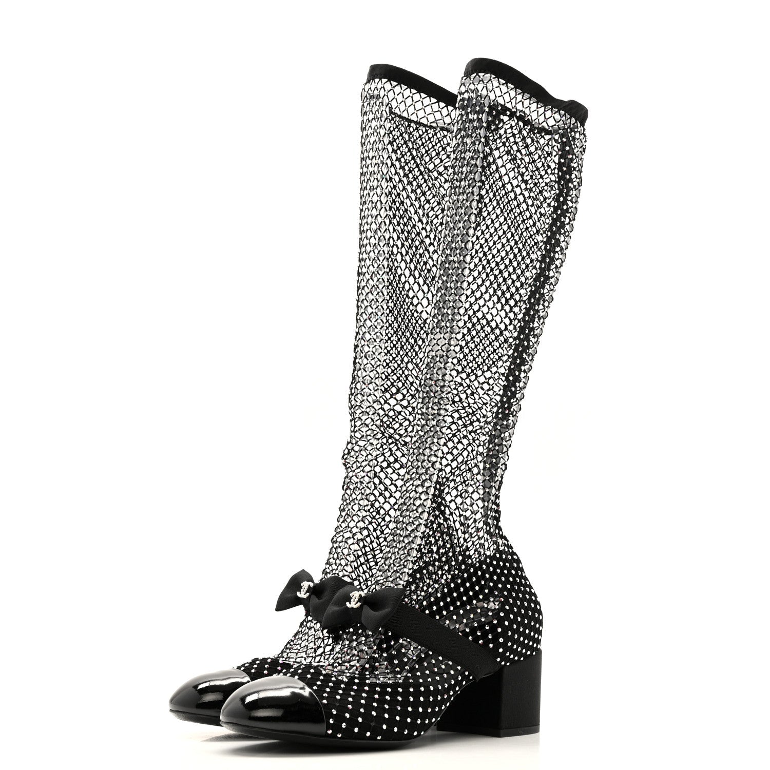 Mesh Crystal Patent CC Bow High Boots 38.5 Black