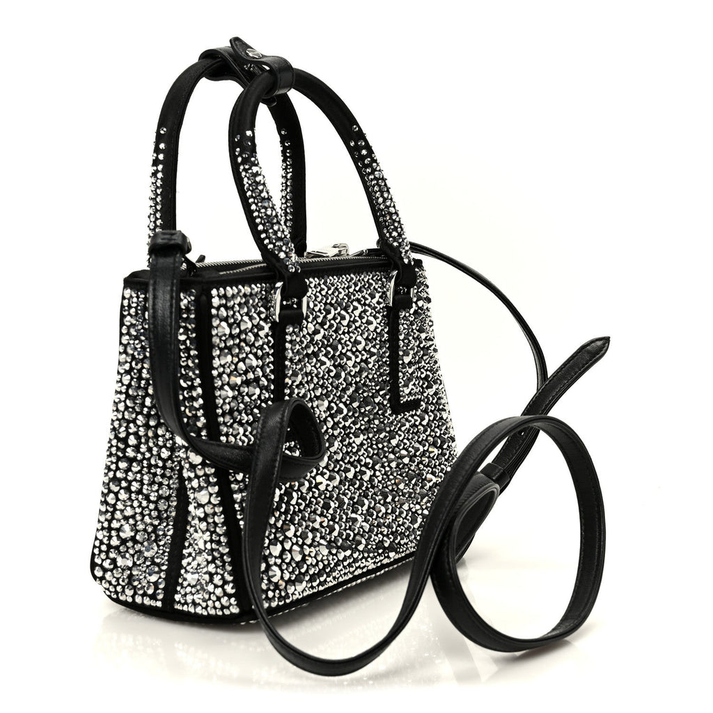 Prada Satin Crystal Mini Galleria Double Zip Tote Metal
