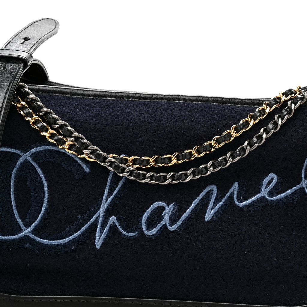 Chanel Calfskin Wool Embroidered Paris Hamburg Medium Gabrielle Hobo Dark Navy Blue