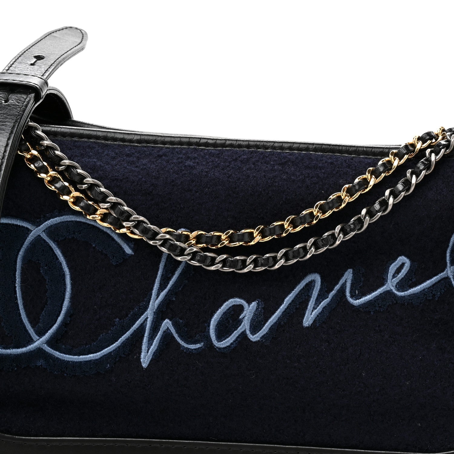 Chanel Calfskin Wool Embroidered Paris Hamburg Medium Gabrielle Hobo Dark Navy Blue