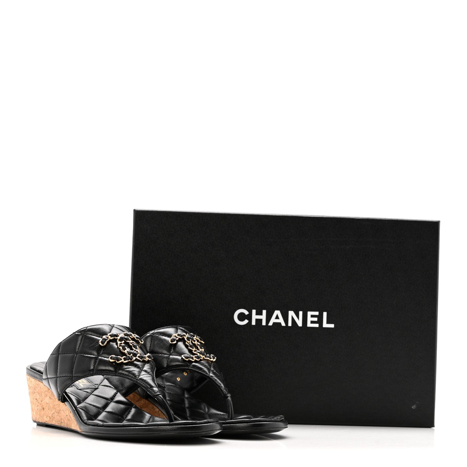 Chanel Shiny Goatskin Cork CC Wedge Sandals 37.5 Black