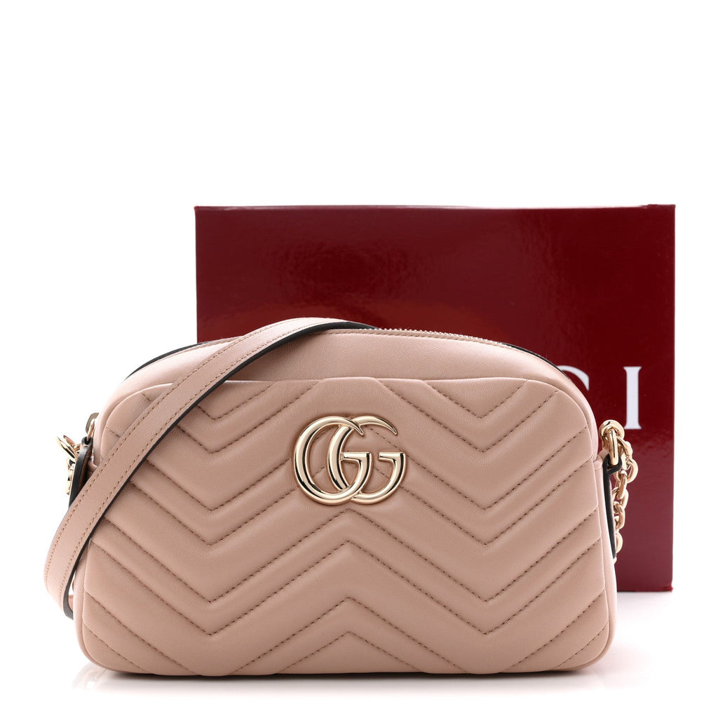 Gucci Calfskin Matelasse Small GG Marmont Camera Bag Pink Beige