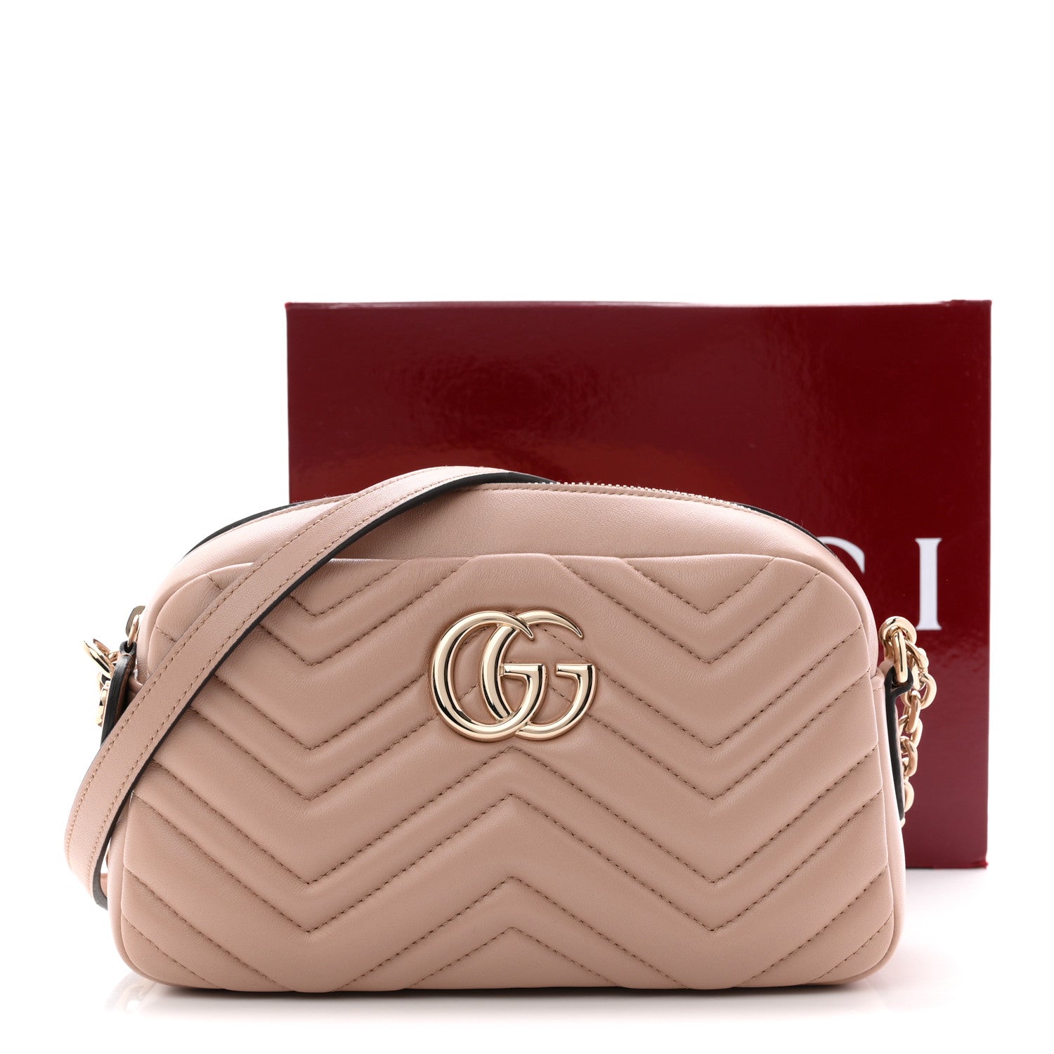 Gucci Calfskin Matelasse Small GG Marmont Camera Bag Pink Beige