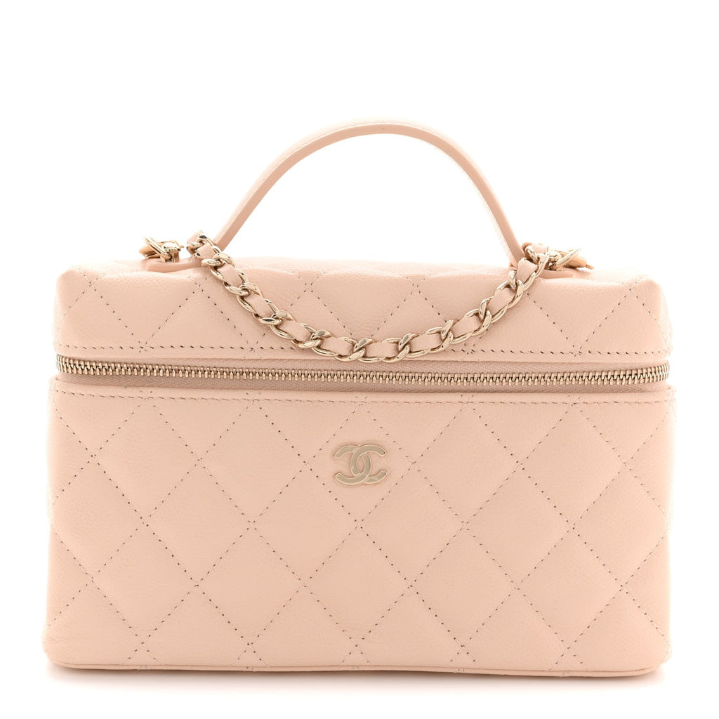 Chanel Caviar Quilted Top Handle Slim Vanity With Chain Beige