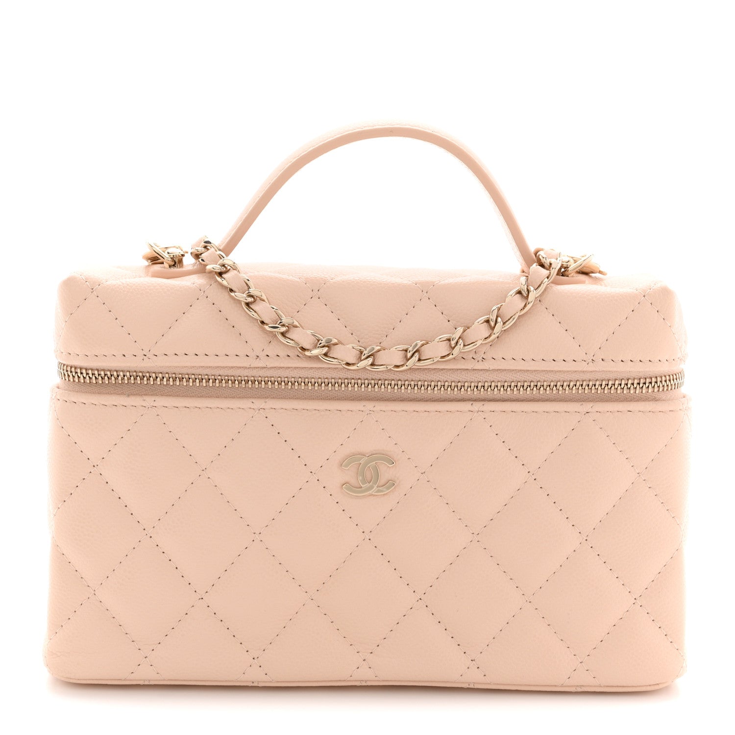 Chanel Caviar Quilted Top Handle Slim Vanity With Chain Beige