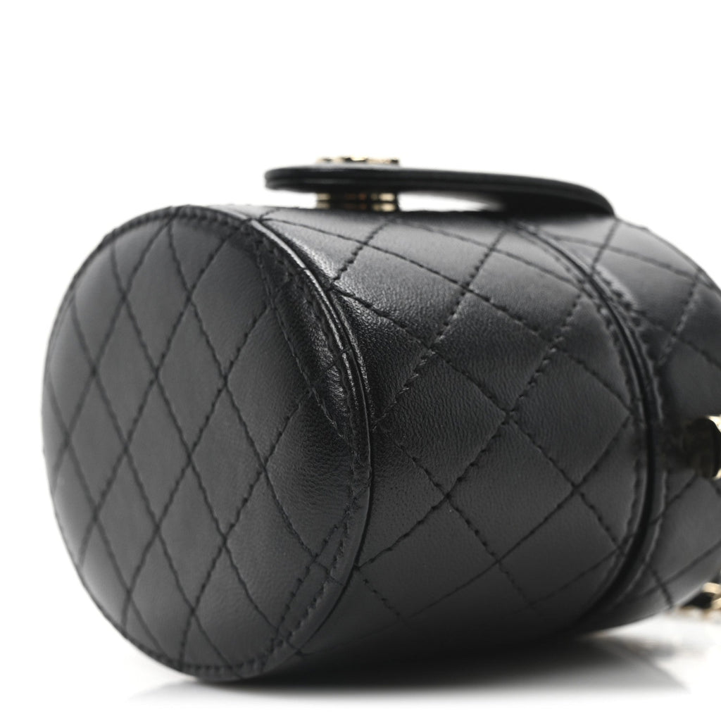 Chanel Lambskin Quilted Mini Round Vanity Case With Chain Black