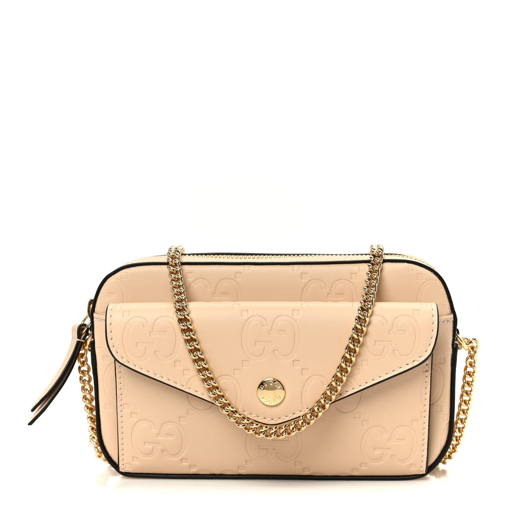 Gucci Calfskin GG Super Mini Debossed Chain Wallet Light Beige