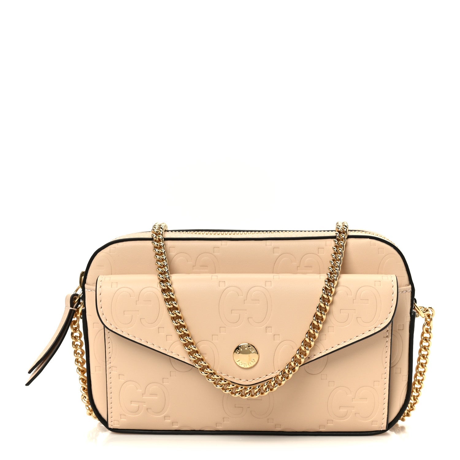 Gucci Calfskin GG Super Mini Debossed Chain Wallet Light Beige