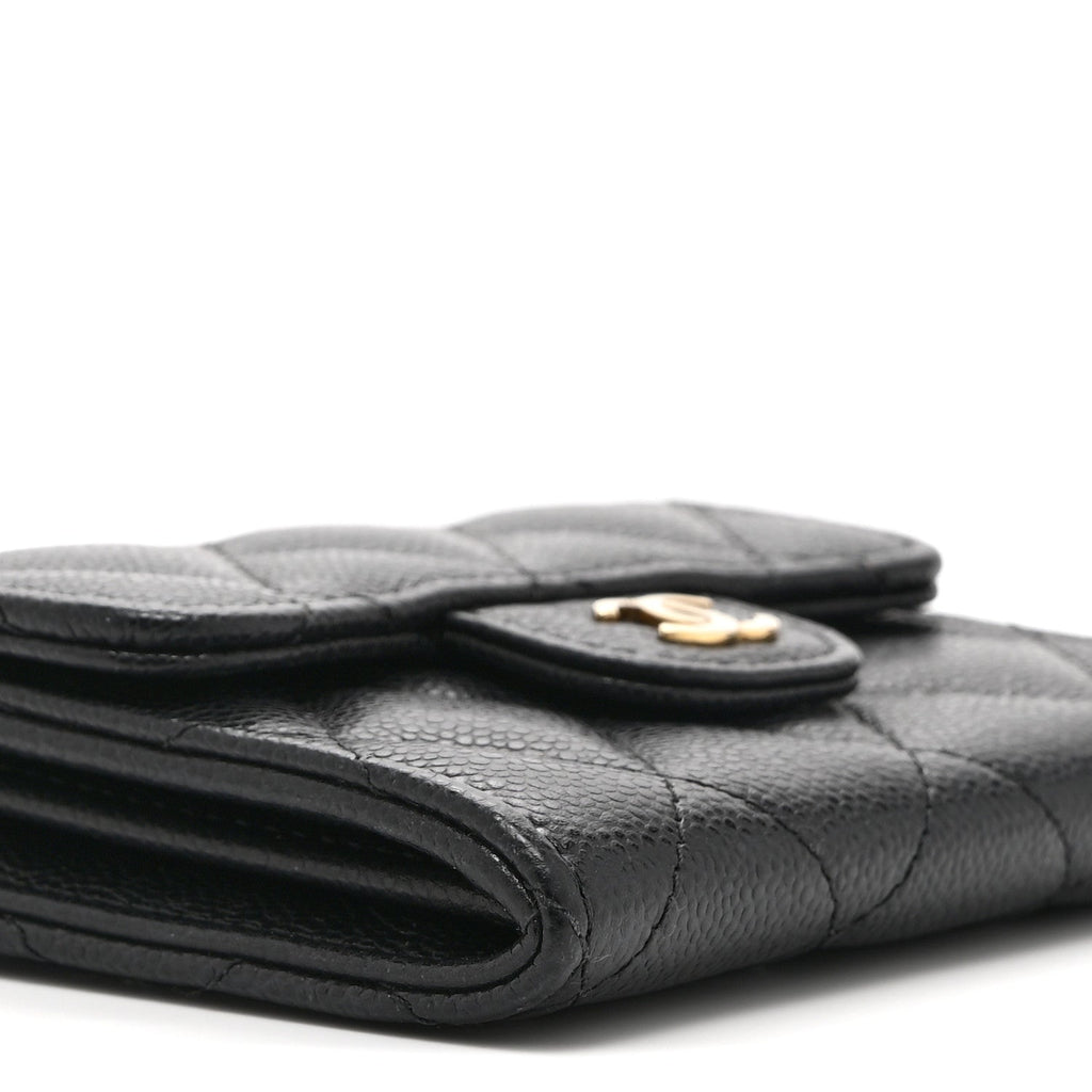 Caviar Quilted Flap Card Holder Wallet Black