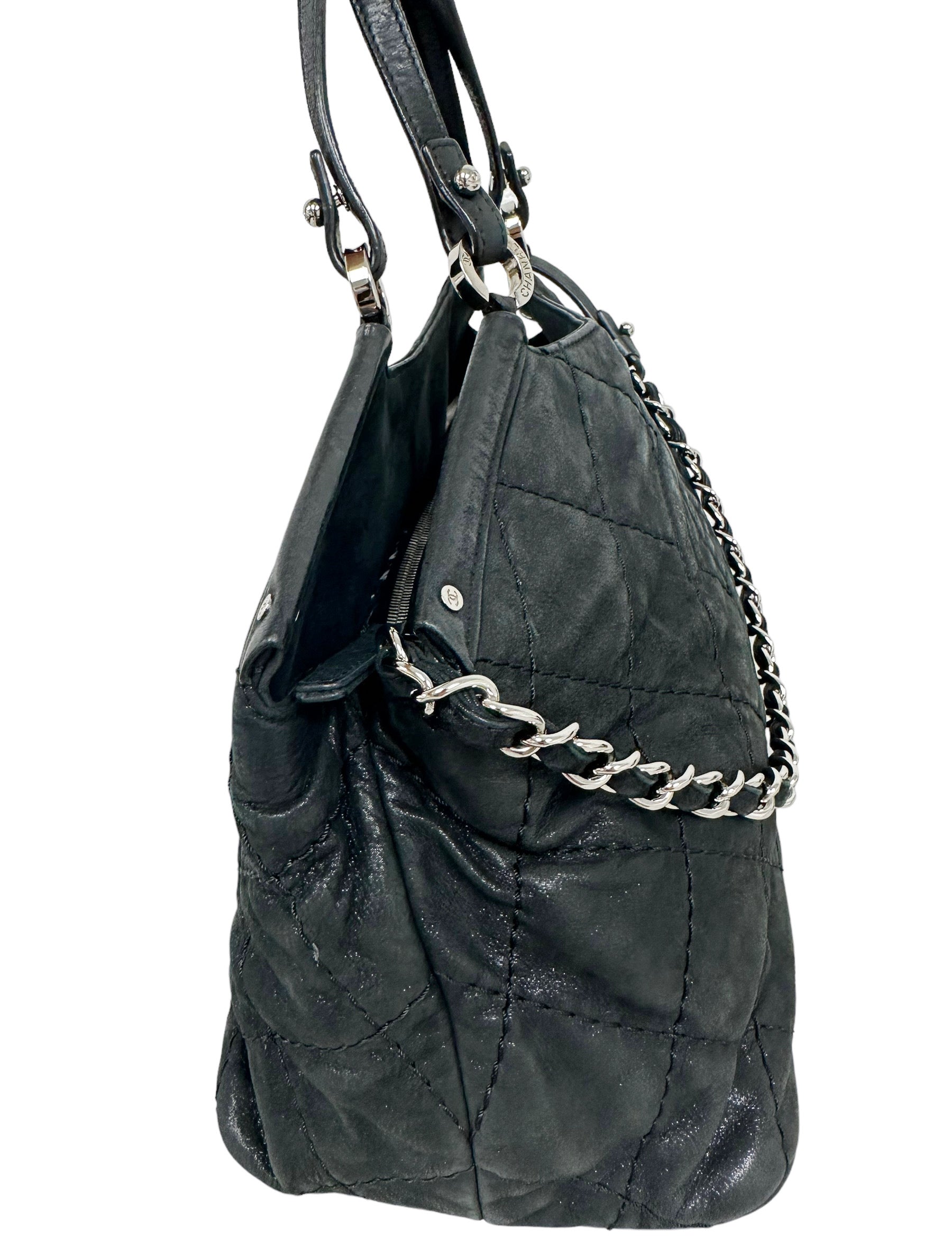 Chanel Matelasse Quilted Black Shimmer Leather Chain Shoulder Tote Bag