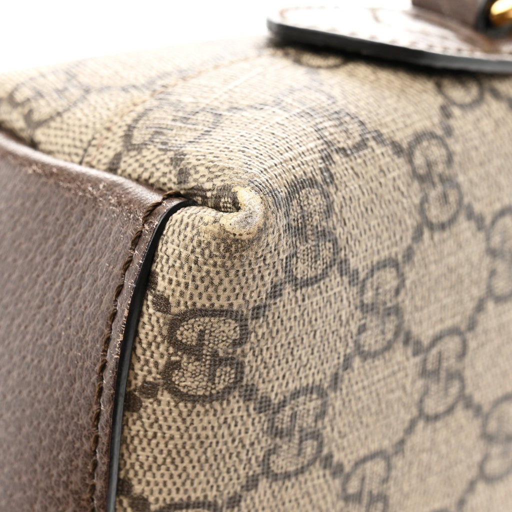 Gucci GG Supreme Monogram Textured Dollar Calfskin Web Small Ophidia Dome Shoulder Bag Beige Ebony New Acero