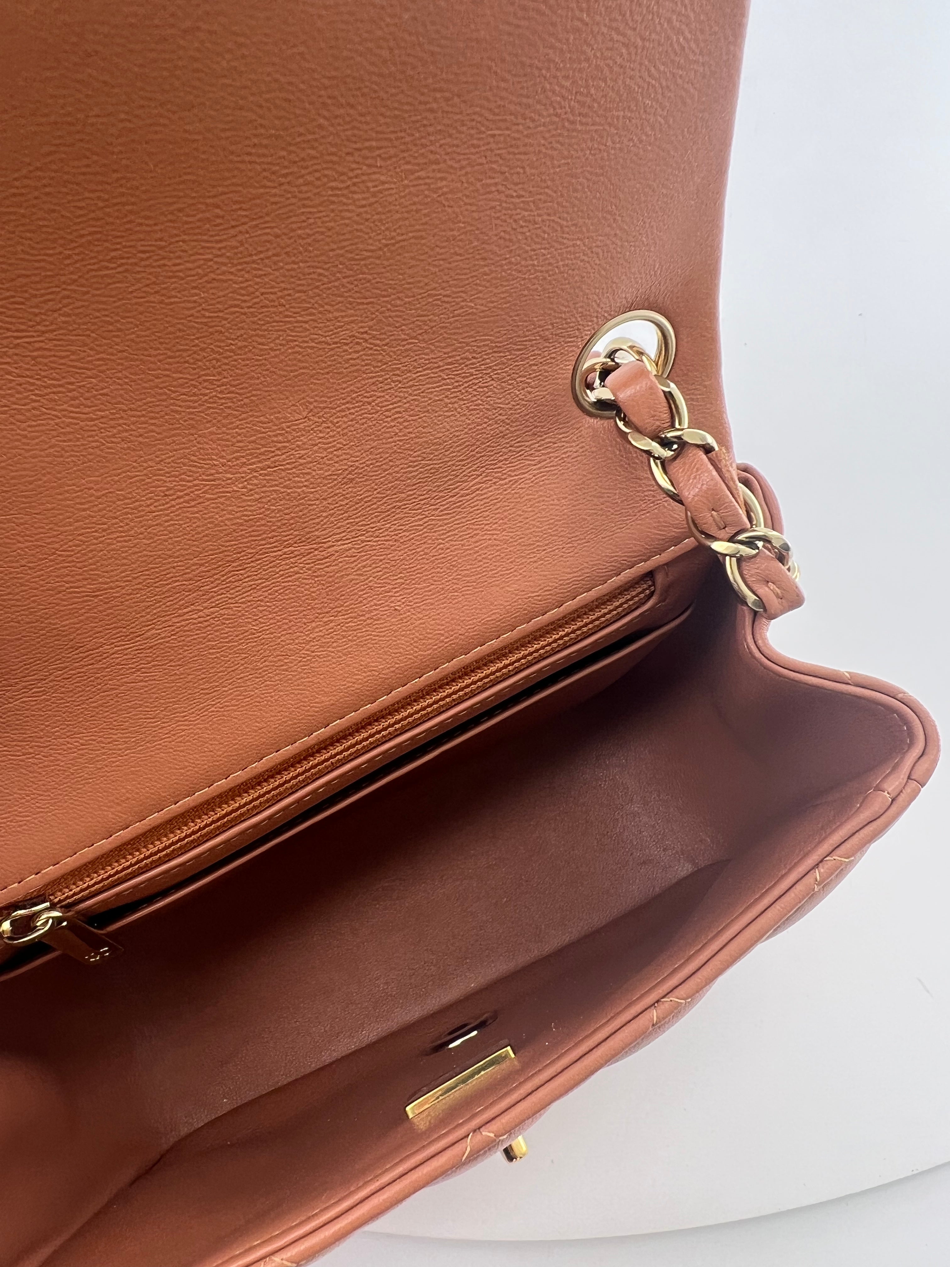 Chanel Caramel Mini Square Bag in Lambskin Leather with Champagne Gold Hardware