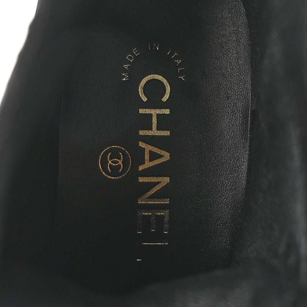Chanel Shiny Calfskin Velvet Pearl Combat Short Boots 36 Black