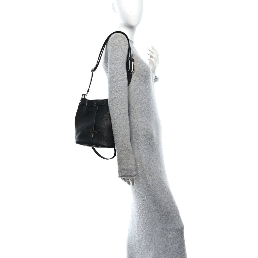 Prada Vitello Daino Soft Drawstring Bucket Bag Black