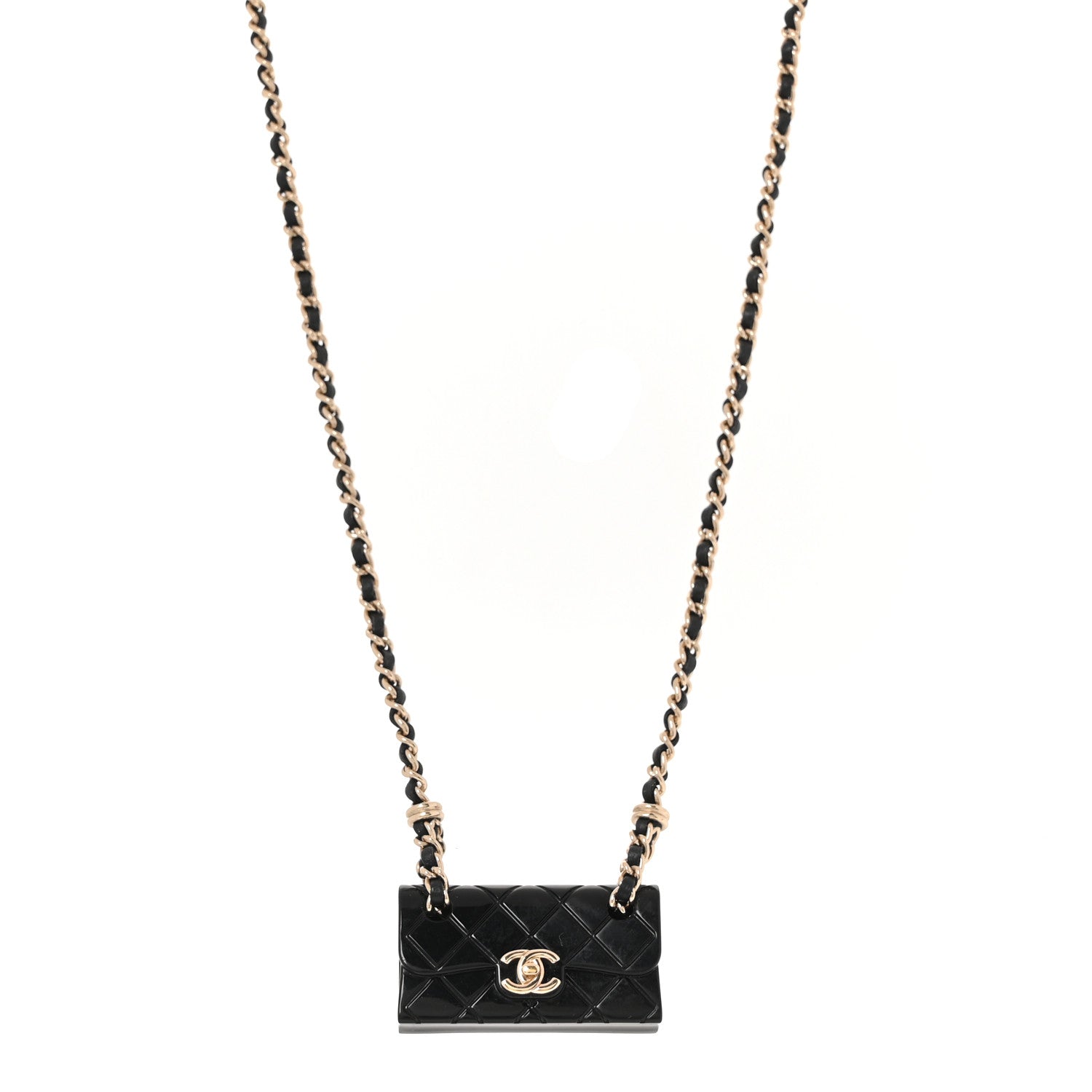 Metal Resin Calfskin Quilted CC Turnlock Chain Bag Necklace Gold Black