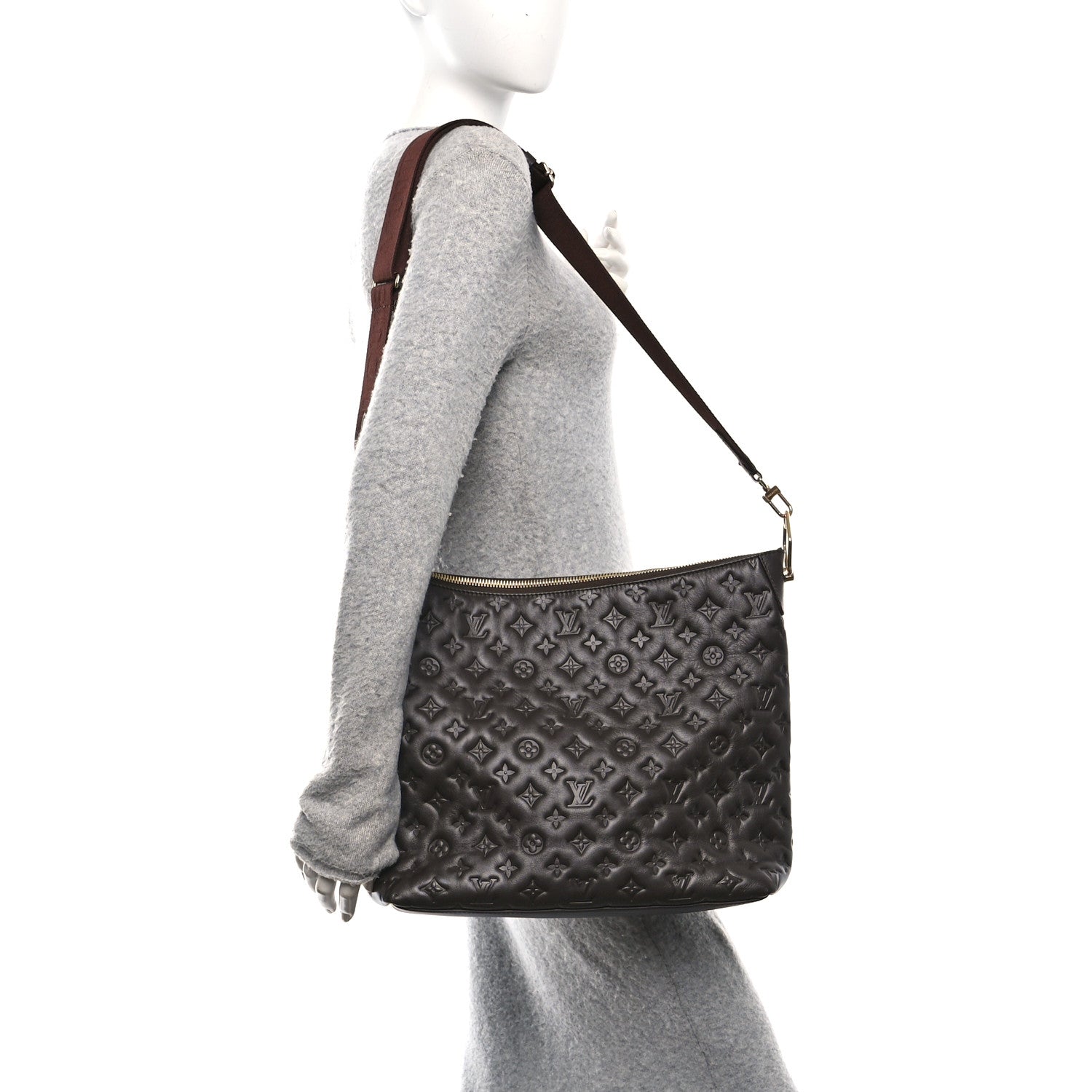 Louis Vuitton Calfskin Embossed Monogram Coussin Hobo MM Chocolate