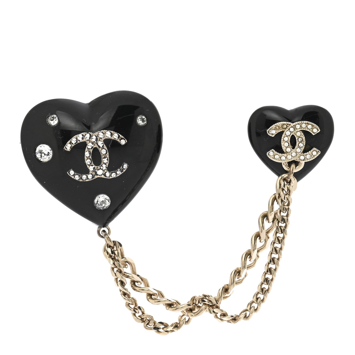Resin Crystal CC Heart Multi Strand Chain Brooch Black Gold