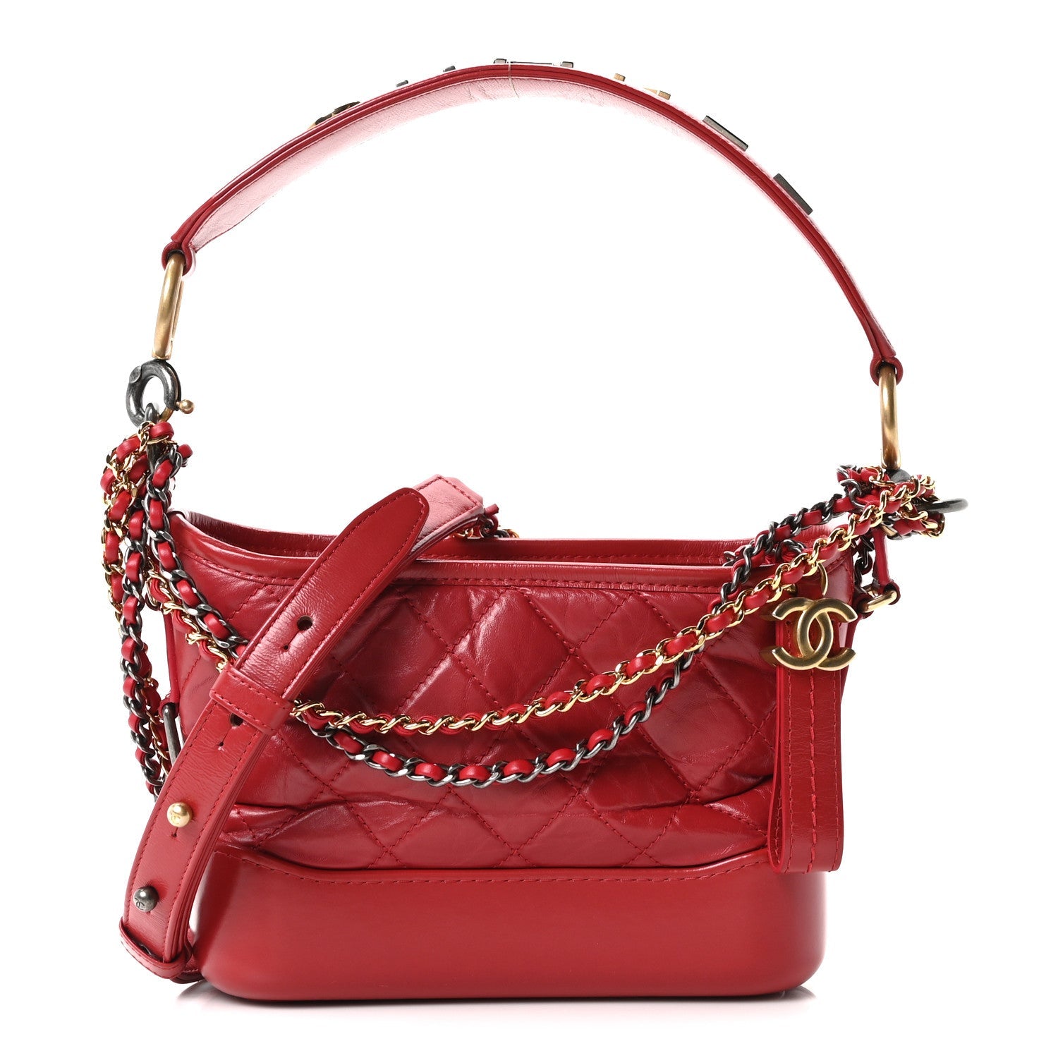 Chanel Aged Calfskin Quilted Small Gabrielle Logo Hobo Red