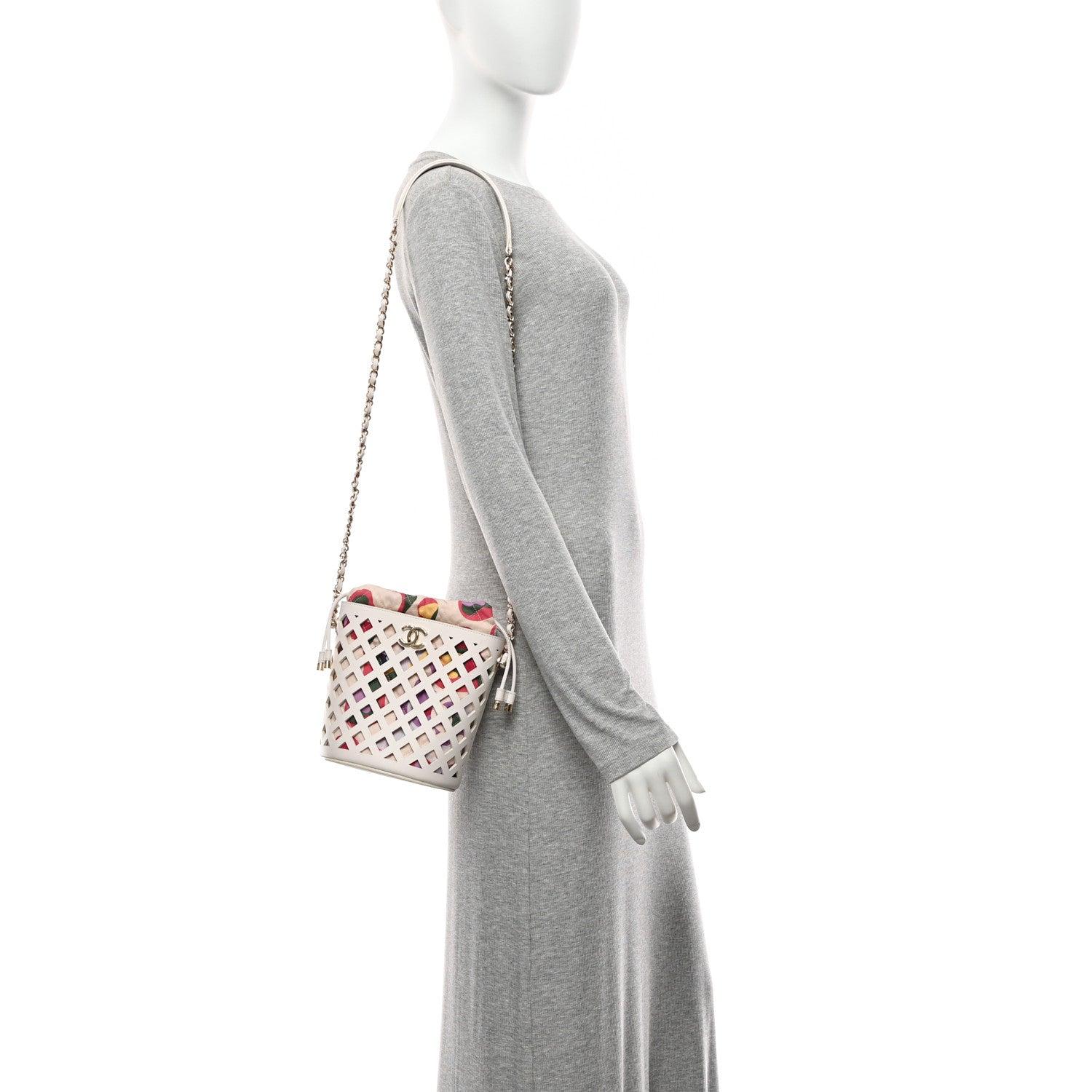 Chanel Lambskin Sea Through Bucket Drawstring Bag White Multicolor