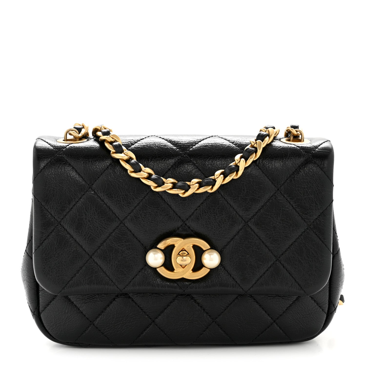 Chanel Glazed Calfskin Quilted Mini Pearl Side Flap Black