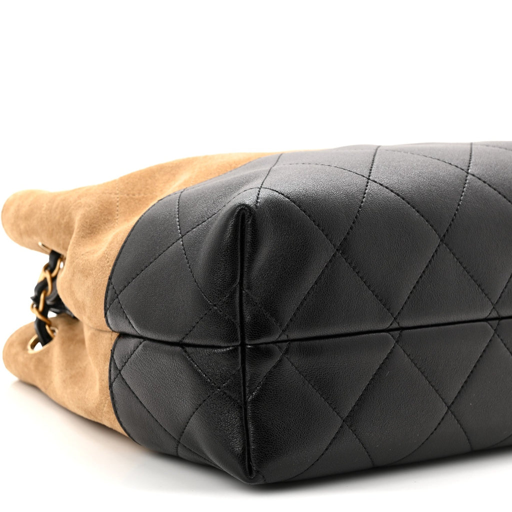 Chanel Suede Calfskin Shiny Lambskin Quilted Small Coco Base Shopping Bag Beige Black