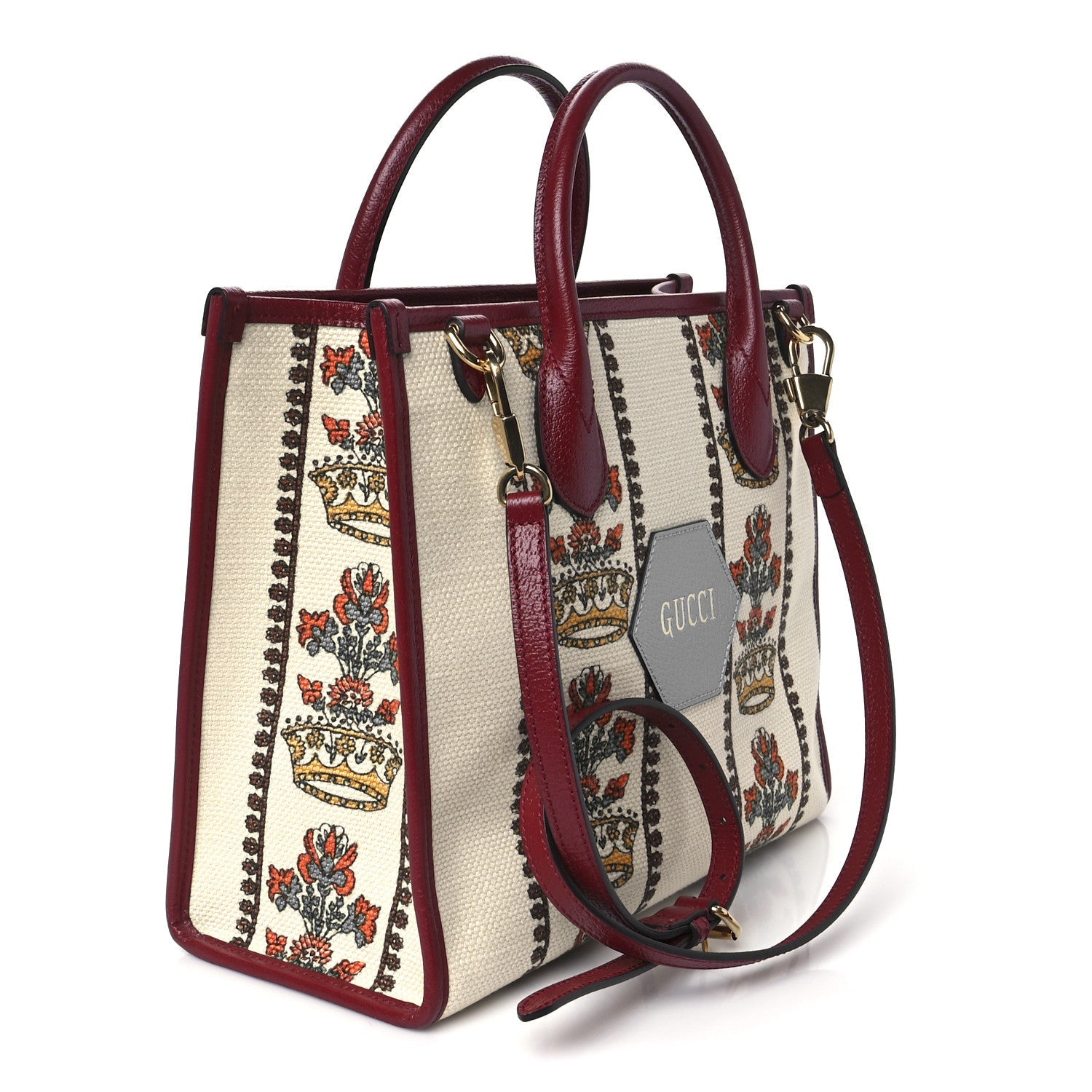 Gucci Canvas Jacquard Calfskin 100 Centennial Music Small Tote Bag Ivory Red