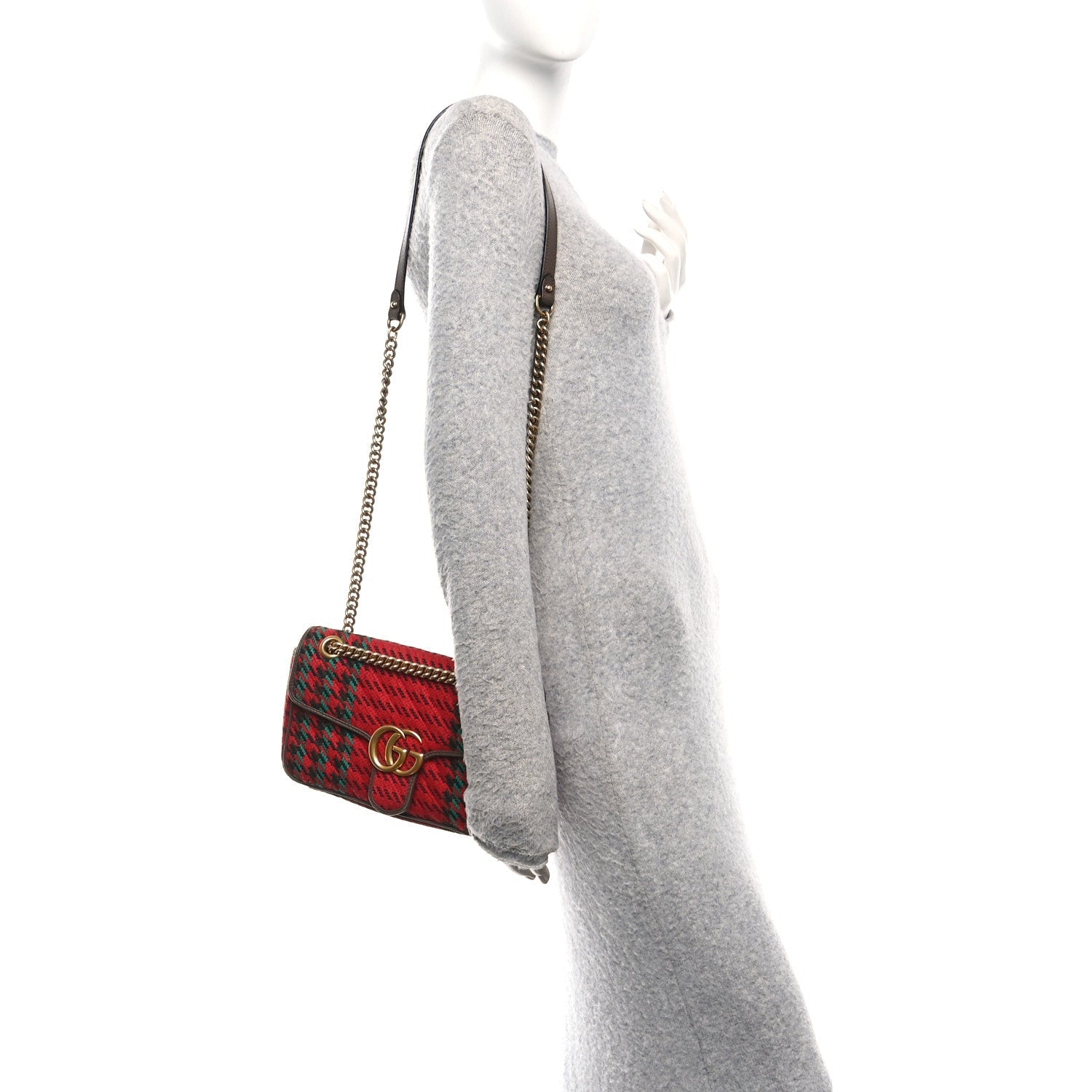 Gucci Wool Tweed Textured Dollar Calfskin Matelasse Diagonal Plaid Small GG Marmont Shoulder Bag Red Green Multicolor New Acero