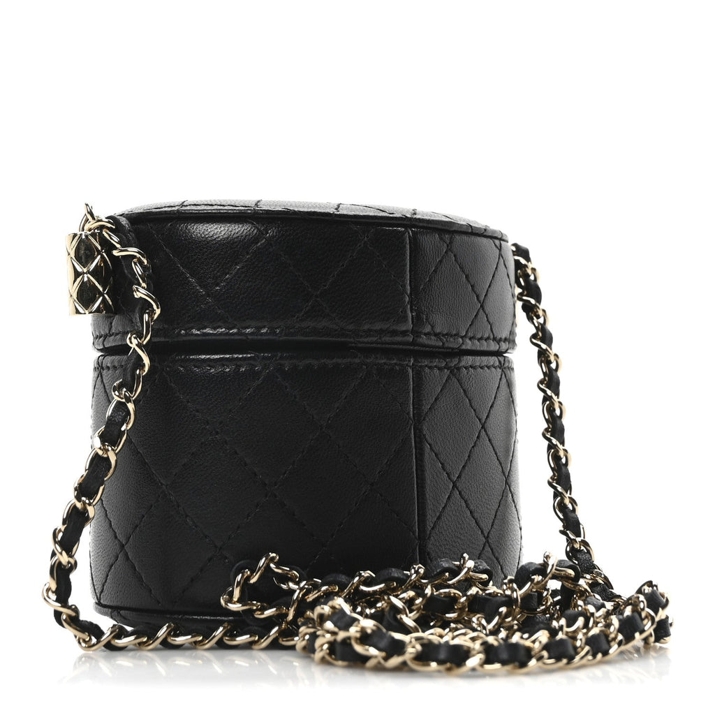 Chanel Lambskin Quilted Mini Round Vanity Case With Chain Black