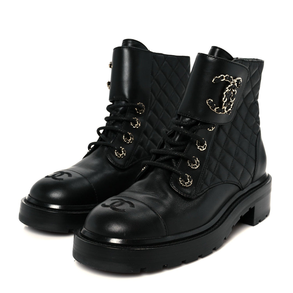 Chanel Shiny Lambskin Quilted Lace Up Combat Boots 39 Black