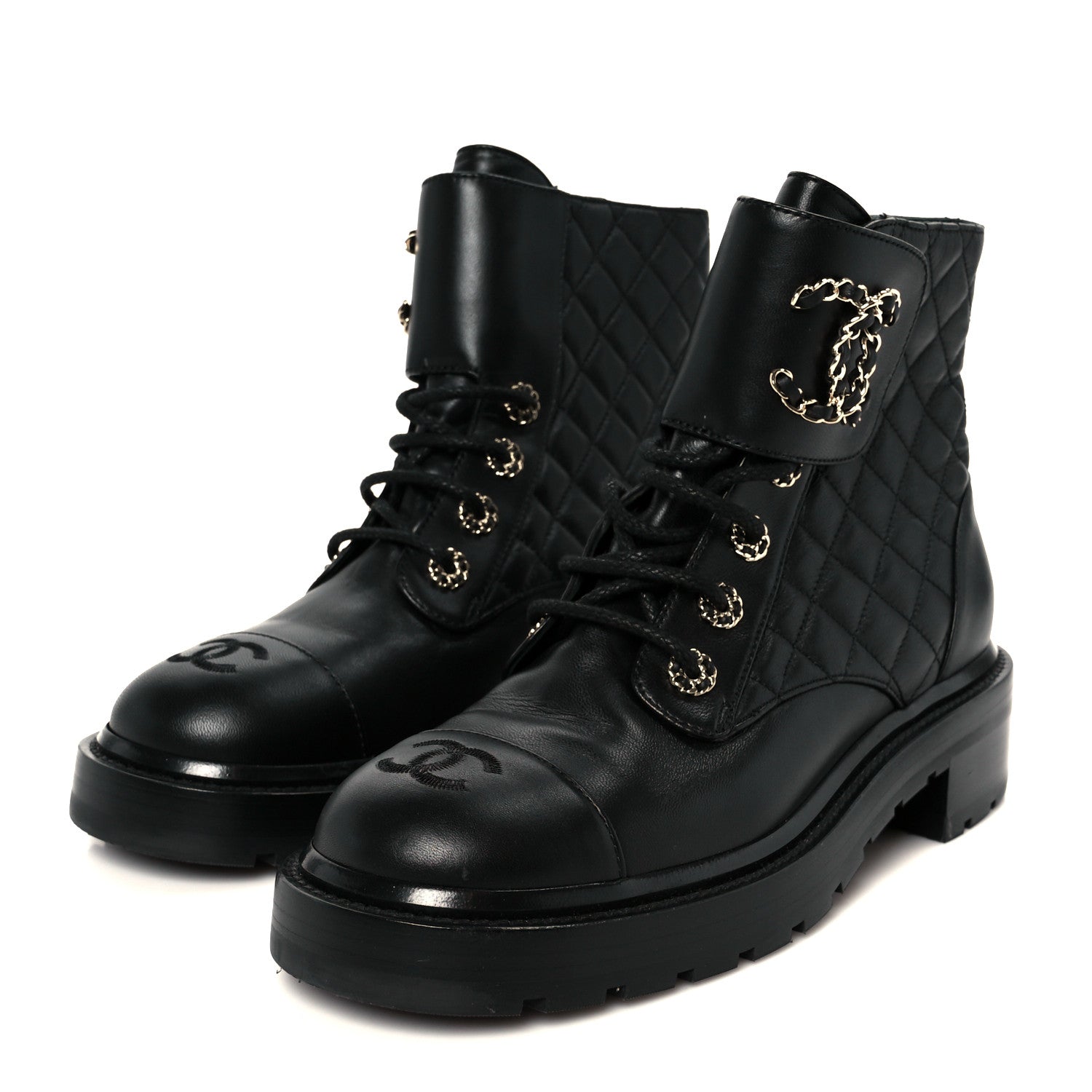 Chanel Shiny Lambskin Quilted Lace Up Combat Boots 39 Black