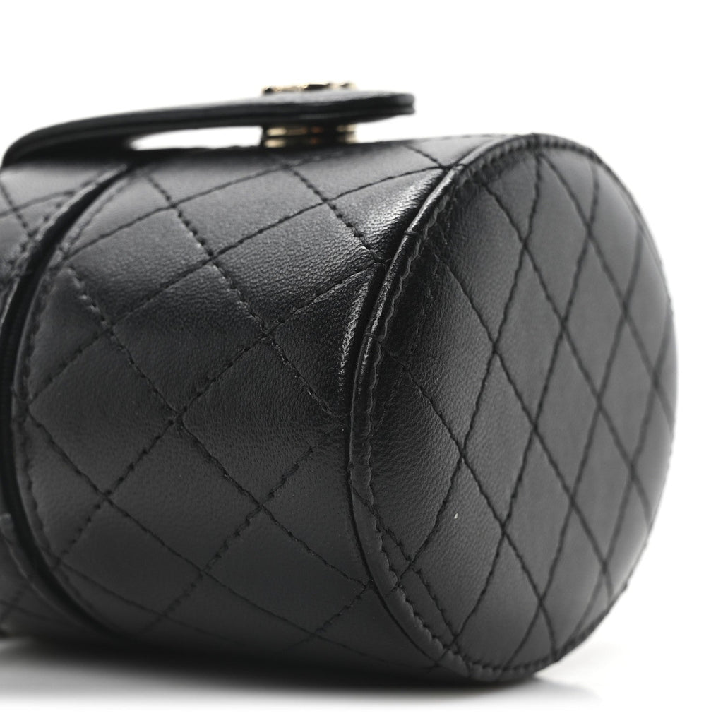 Chanel Lambskin Quilted Mini Round Vanity Case With Chain Black