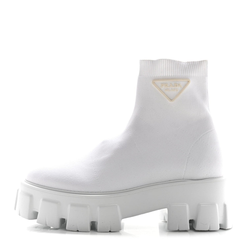 Prada Knit Rubber Triangle Logo Monolith 55mm Ankle Boots 38 Bianco
