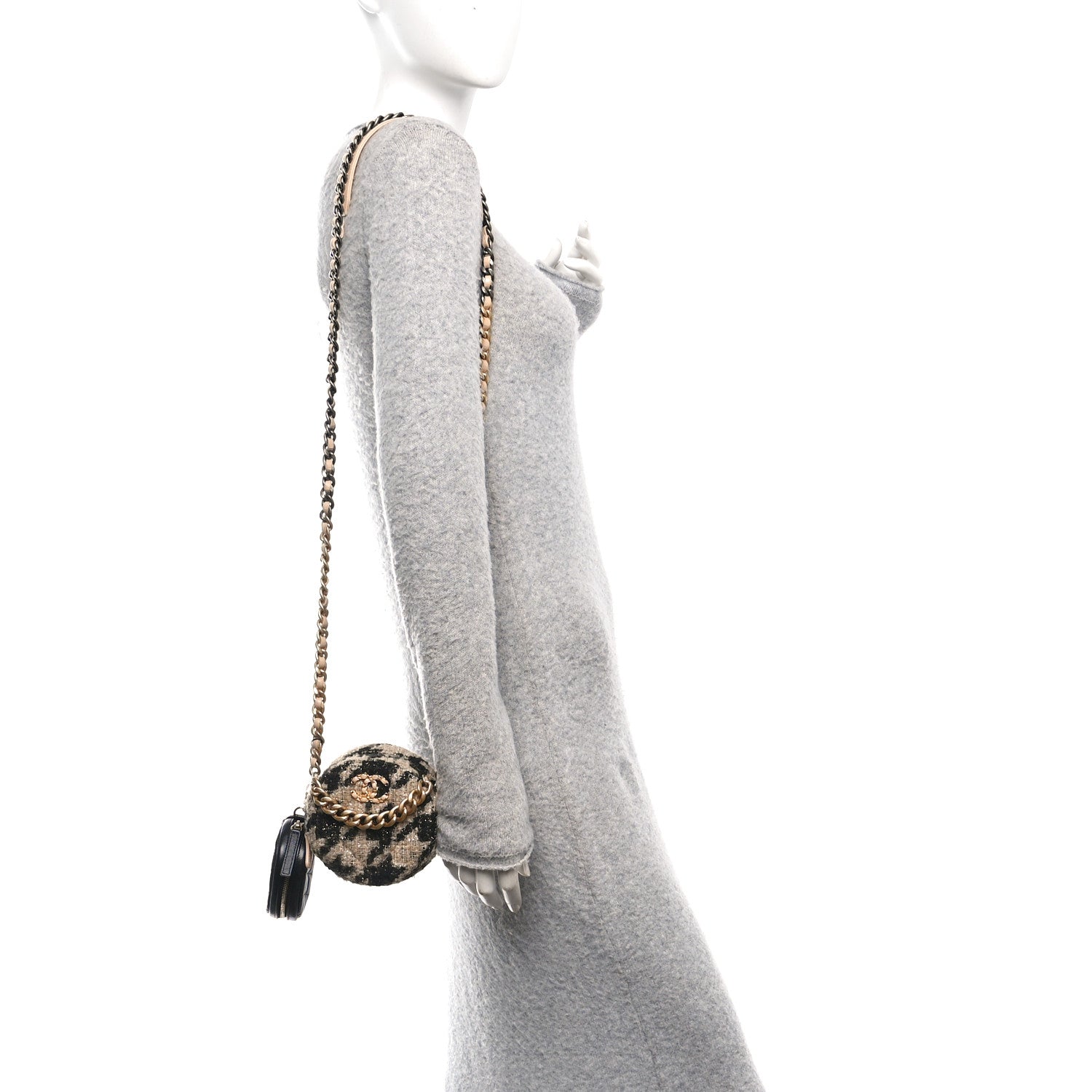 Chanel Wool Tweed Lambskin Quilted Chanel 19 Round Clutch With Chain and Coin Purse Beige Black