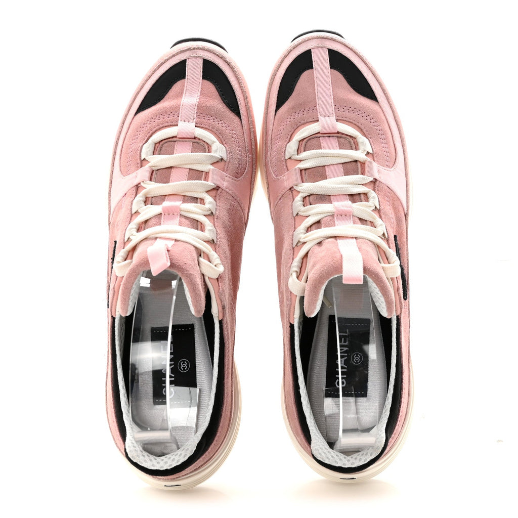 Chanel Suede Calfskin Grosgrain Womens CC Sneakers 39.5 Light Pink Black