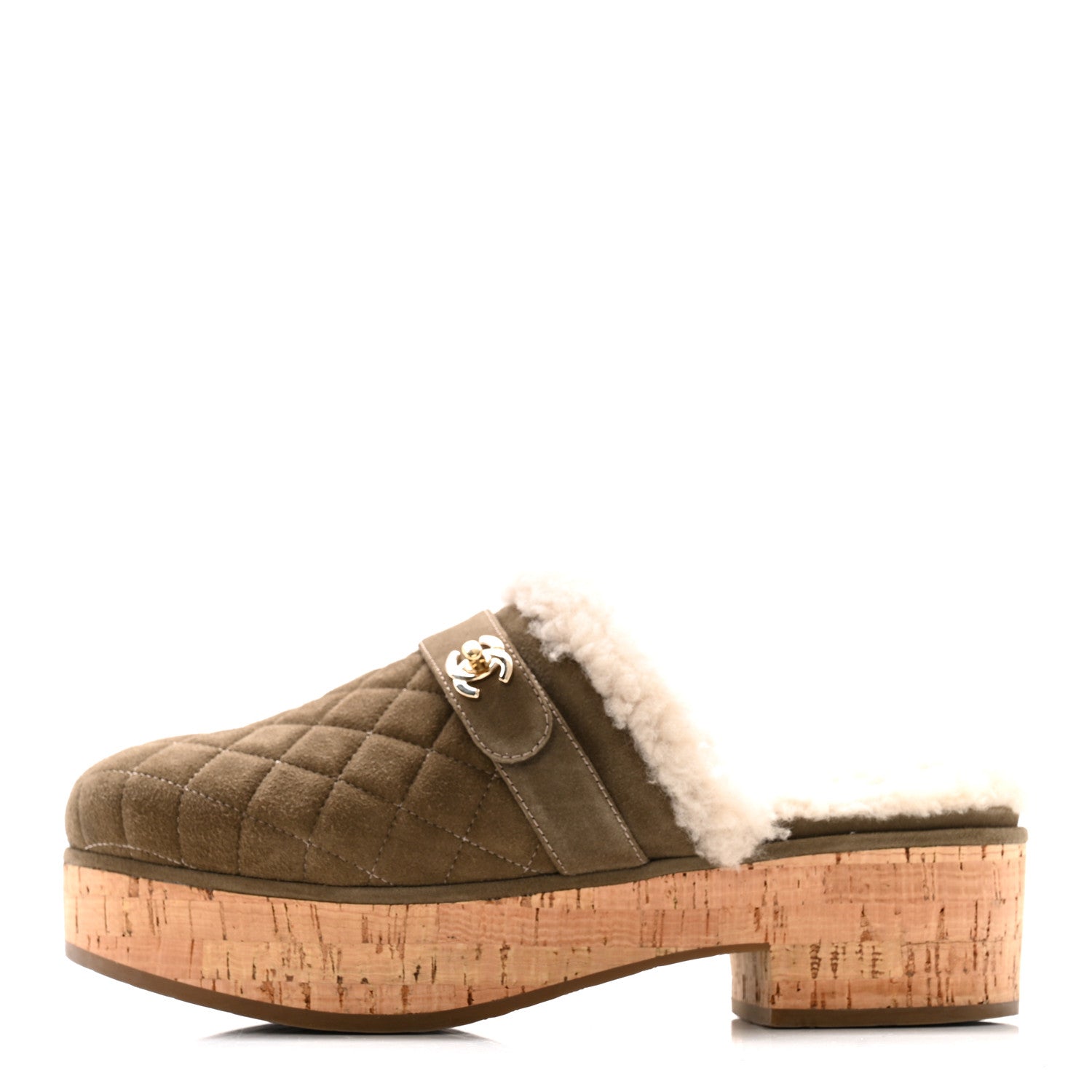 Chanel Suede Calfskin Shearling Turn Lock Clogs 38 Green