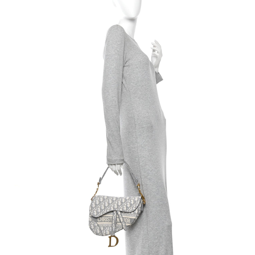 Christian Dior Oblique Embroidered Saddle Bag Gray