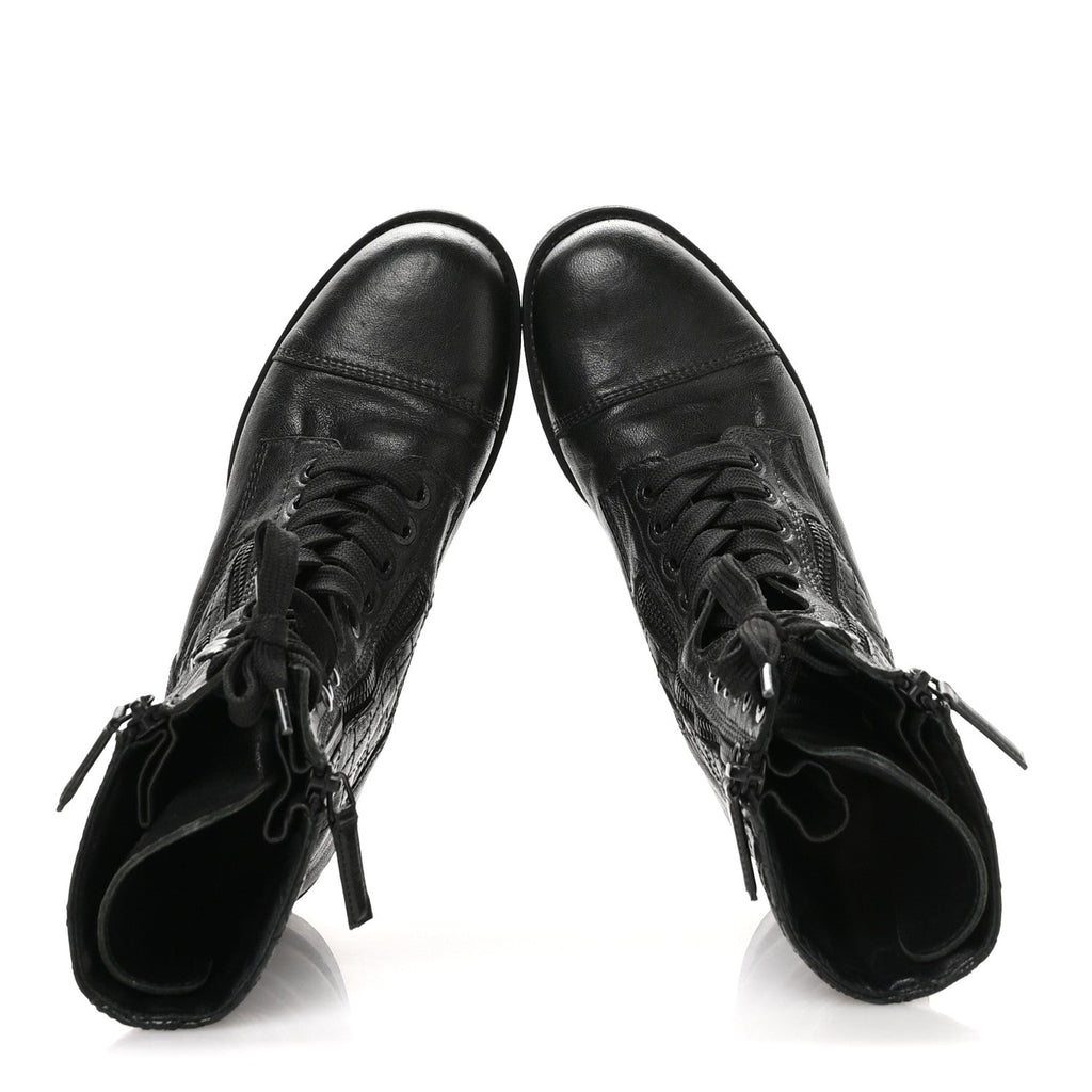 Chanel Sheepskin Quilted CC Tall Lace Up Combat Boots 38.5 Black