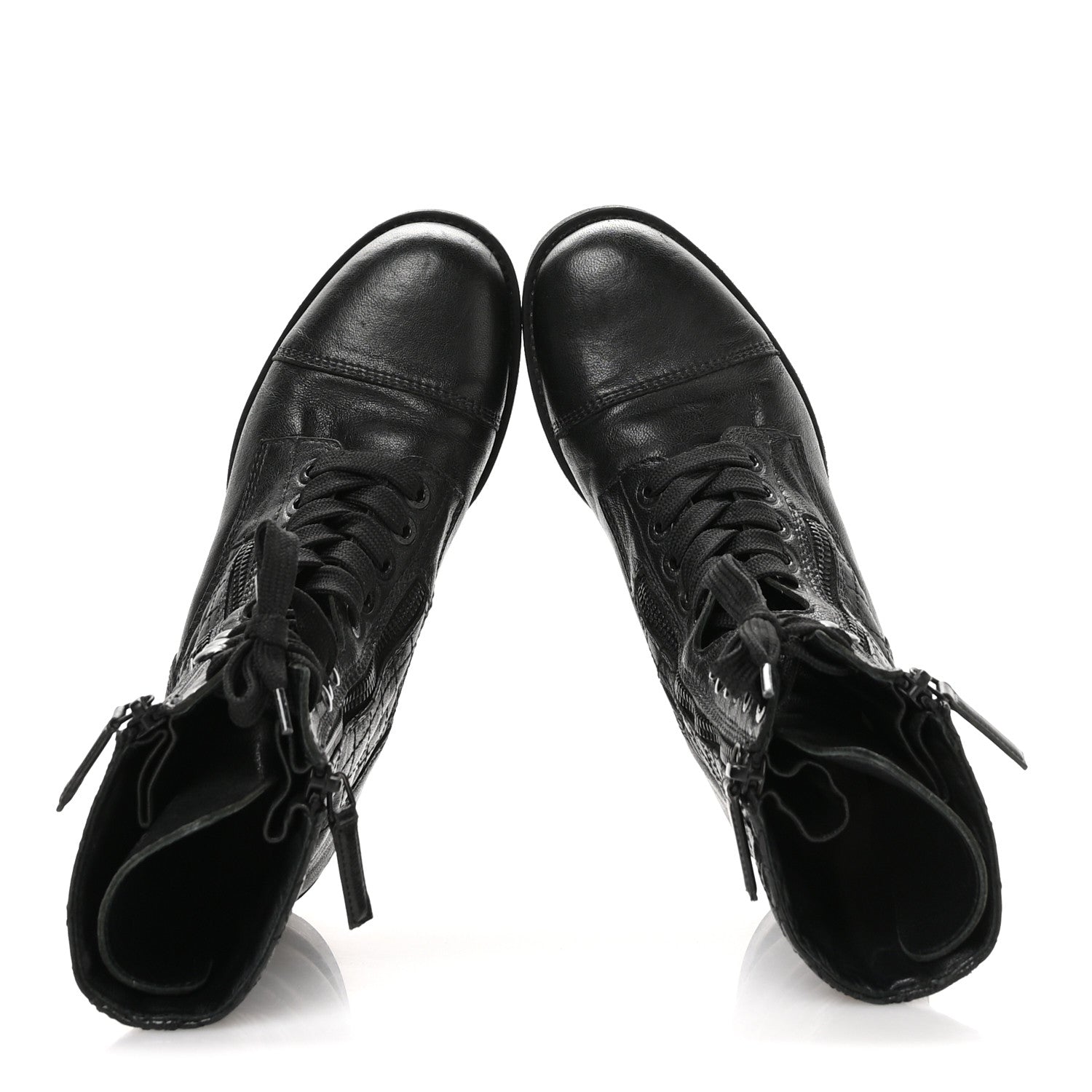 Chanel Sheepskin Quilted CC Tall Lace Up Combat Boots 38.5 Black