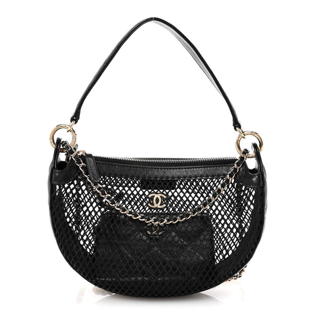 Chanel Mesh Shiny Lambskin Chain Hobo Black