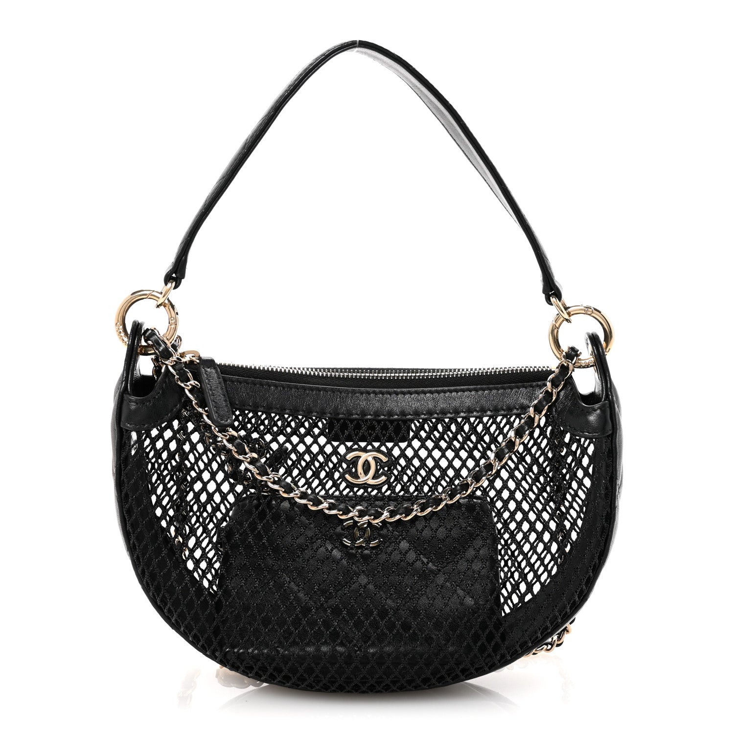 Chanel Mesh Shiny Lambskin Chain Hobo Black