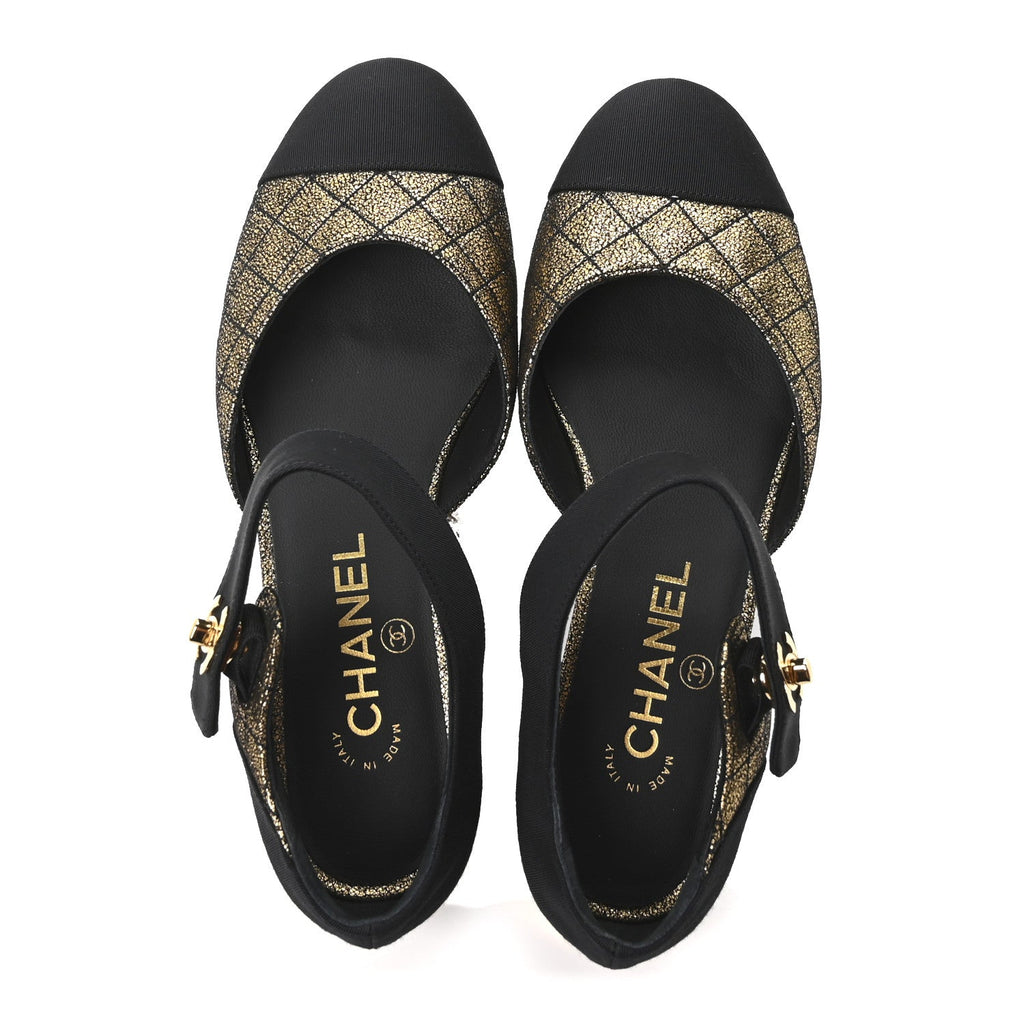 Laminated Suede Kidskin Grosgrain Quilted Cap Toe Ballerina Flats 36.5 Gold Black