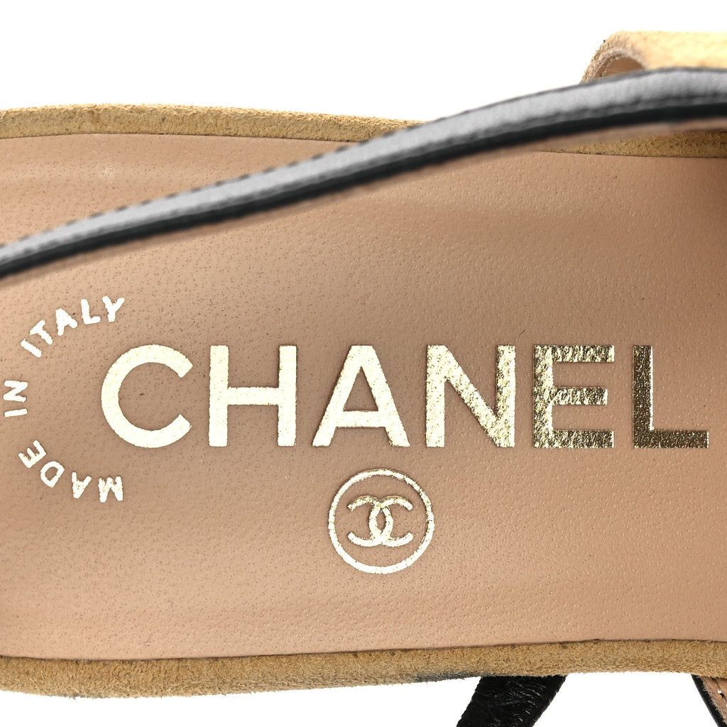 Chanel Suede Patent Crystal CC Cap Toe Slingback Flats 37 Beige Black