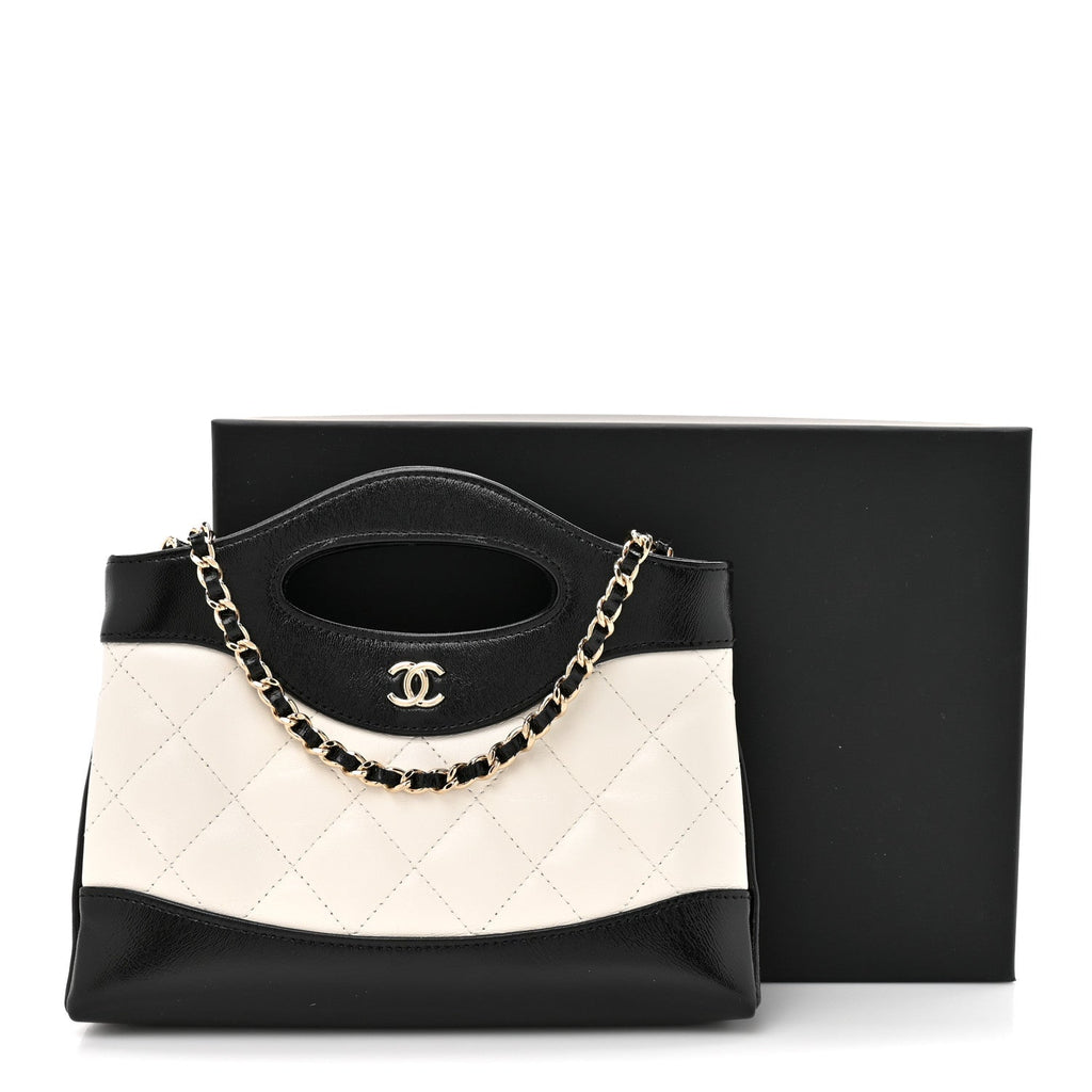 Chanel Shiny Crumpled Calfskin Quilted Nano 31 Shopping Bag White Black