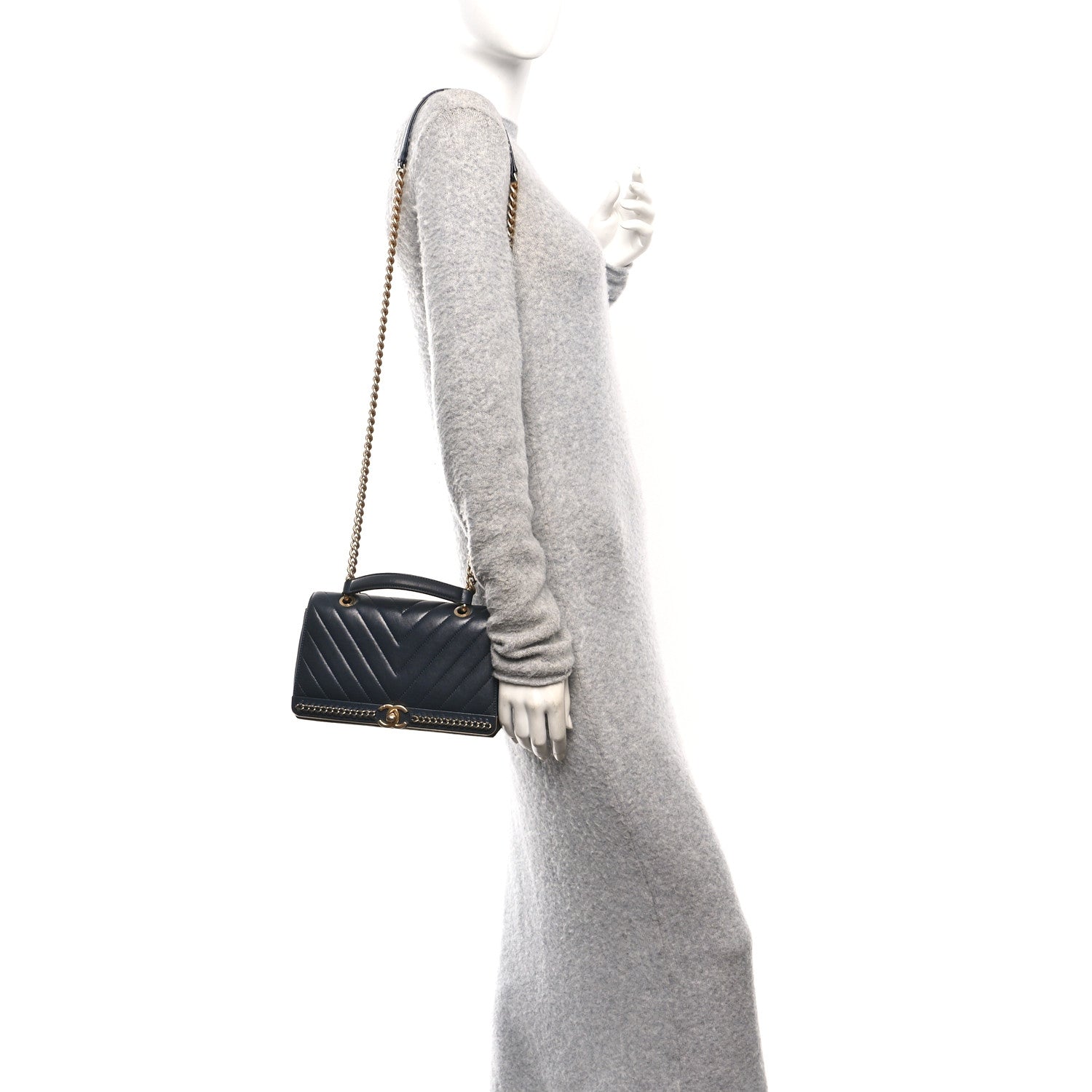Chanel Sheepskin Chevron Stitched Chain Top Handle Flap Blue